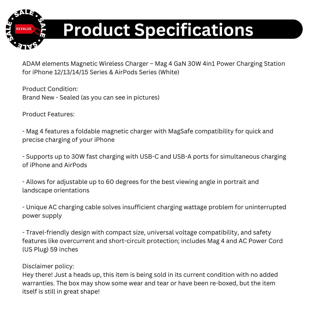 ADAM Magnetic Wireless Charger Mag 4 GaN 30W 4in1 Power Charging IPhone‎ AirPods